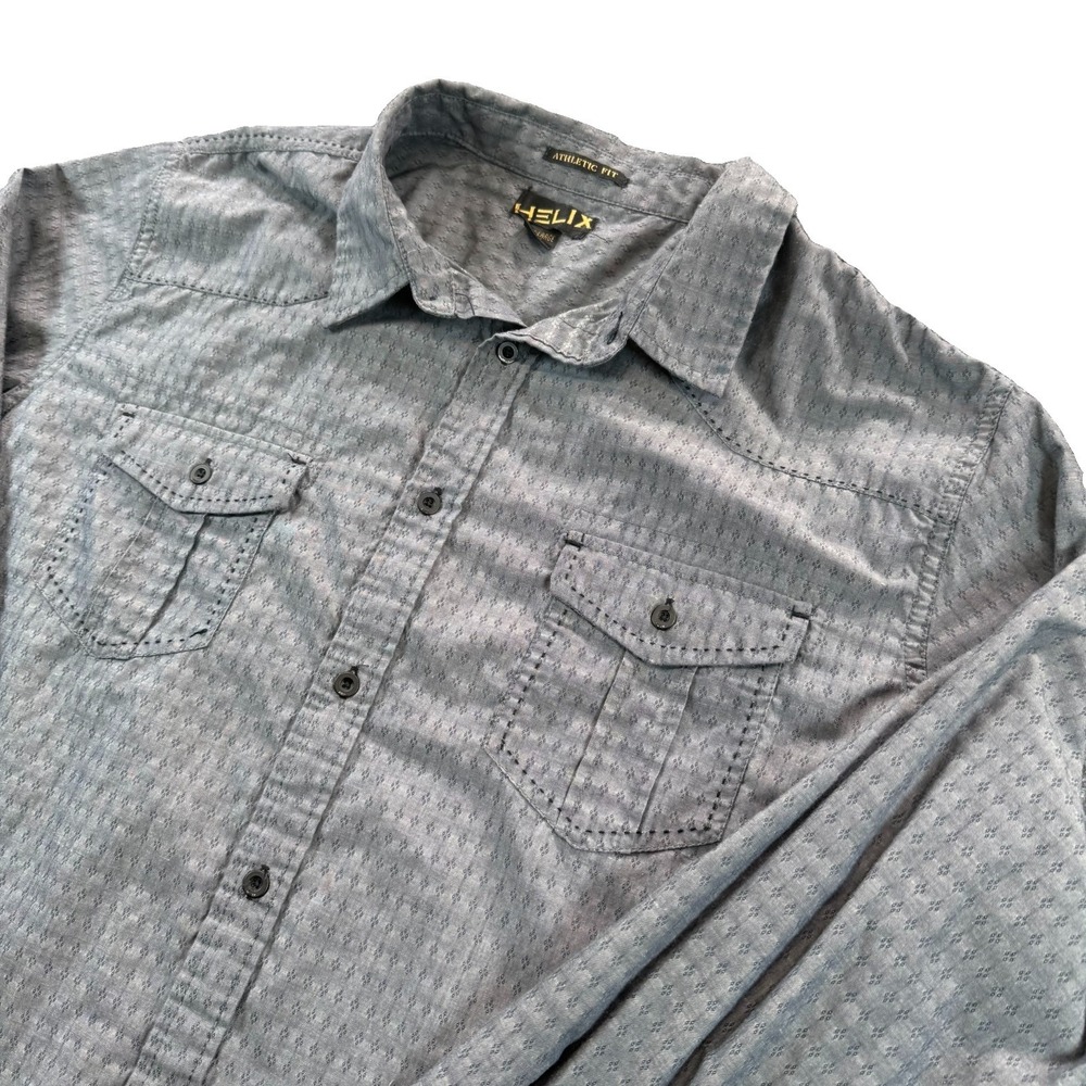 Helix Mens 2XL Athletic Fit Button Down Long Sleeve Shirt Grey Geometric Plaid
